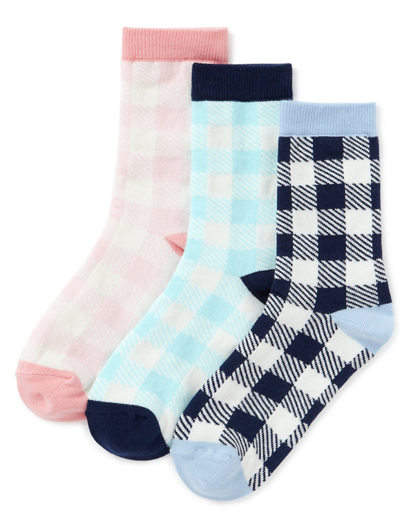 3 Pairs of Freshfeet™ Cotton Rich Gingham Checked Socks with Silver Technology (5-14 Years) Image 1 of 1