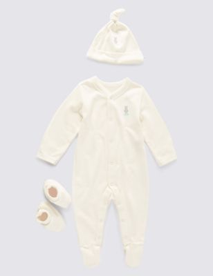 3 Piece Bear Motif Sleepsuit, Hat & Booties Gift Set Image 2 of 6