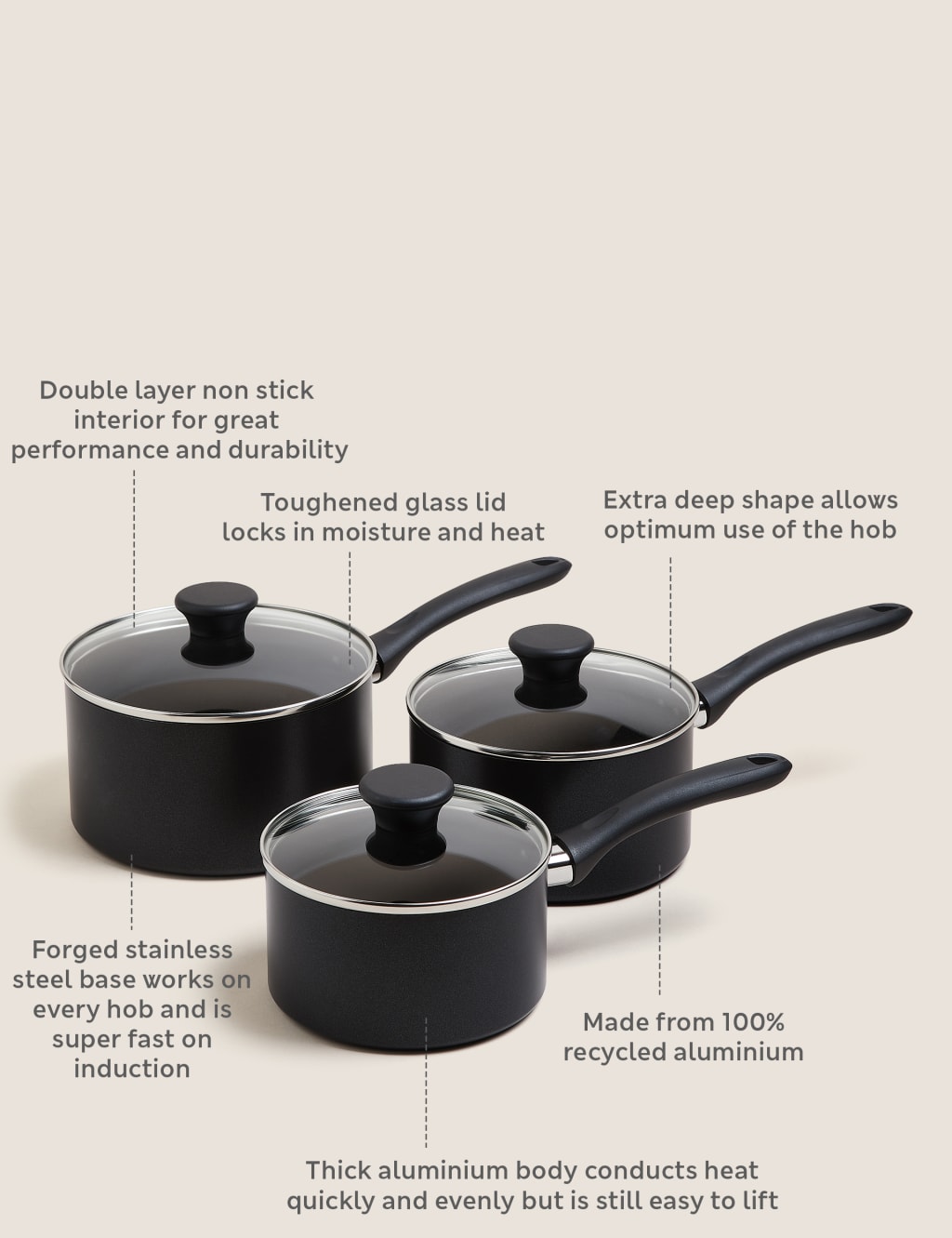 3 Piece Black Aluminium Non Stick Pan Set, M&S Collection