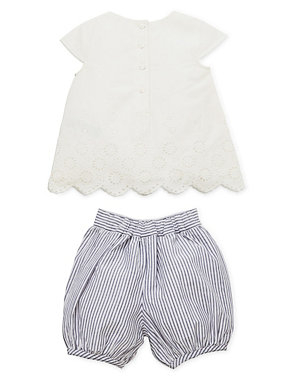 3 Piece Pure Cotton Broderie Top, Hat with Bloomer Shorts Outfit Image 2 of 4