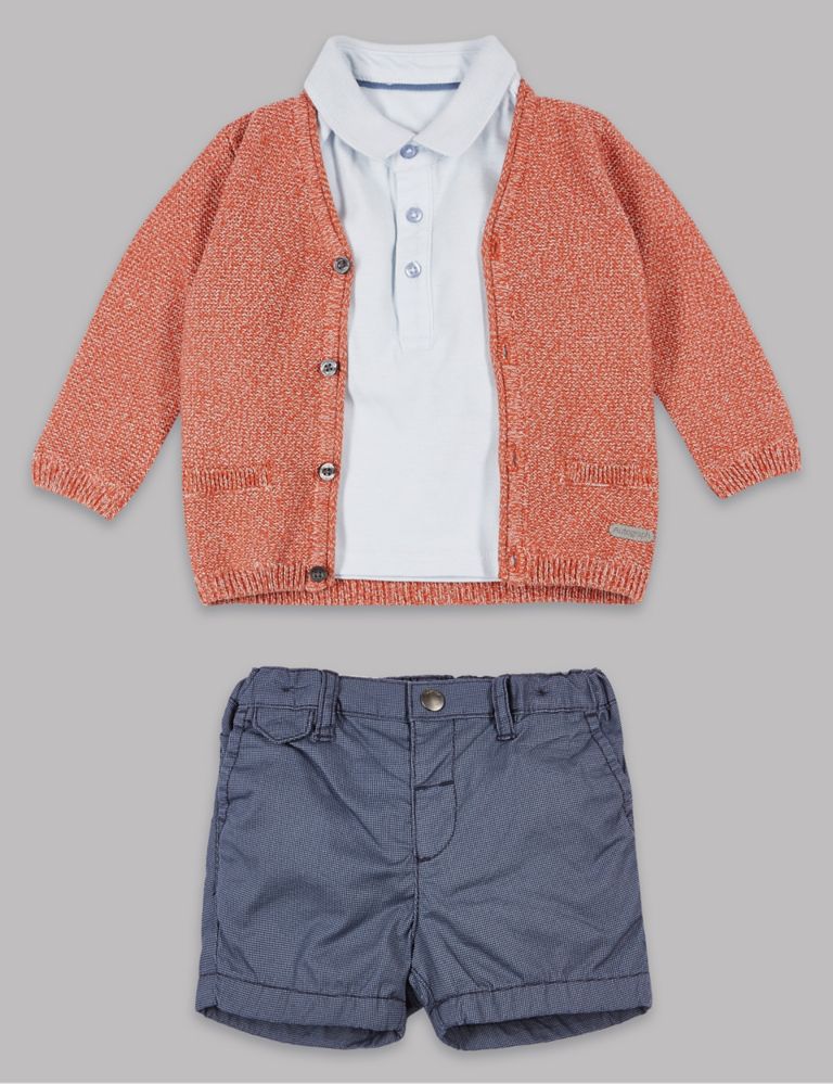 3 Piece Pure Cotton Cardigan & Polo T-Shirt with Shorts Outfit 1 of 6