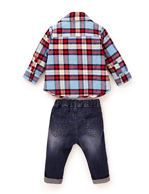 3 Piece Pure Cotton Checked Shirt, T-Shirt & Jeans Outfit Image 2 of 6