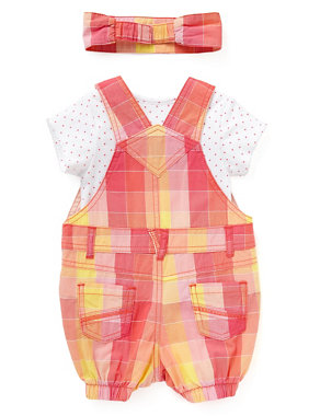 3 Piece Pure Cotton Gingham Checked Dungaree Outfit with Headband Image 2 of 4