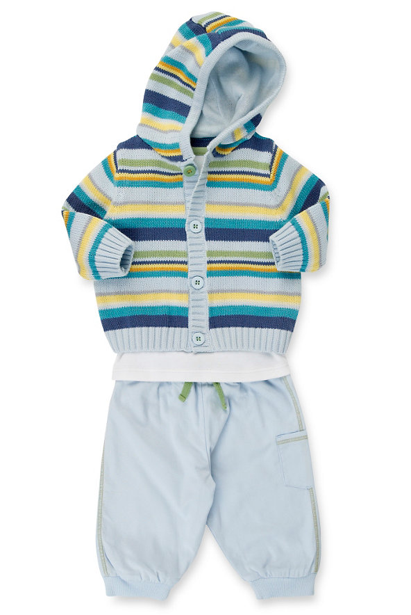 3 Piece Pure Cotton Hooded Knitted Cardigan Outfit Image 1 of 1
