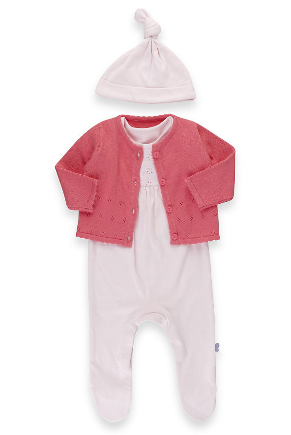 3 Piece Pure Cotton Knitted Cardigan Outfit with Hat Image 1 of 1