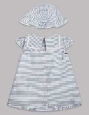 3 Piece Pure Cotton Striped Dress with Knickers & Hat Image 2 of 5