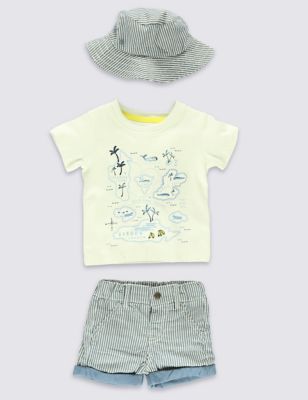 3 Piece Pure Cotton T-Shirt & Shorts Outfit with Hat Image 1 of 2