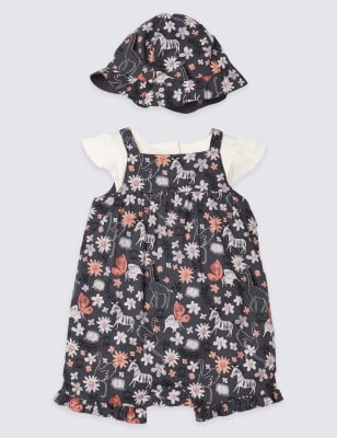 SPENCER 3 PIECE WOVEN COTTON PALM TREE ROMPER SUIT PLUS HAT 3-6 M BNWT MARKS