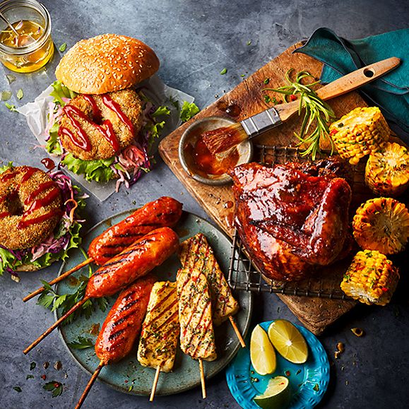 M&S Food grill range including halloumi kebabs and a bbq quarter chicken with sweetcorn cobettes