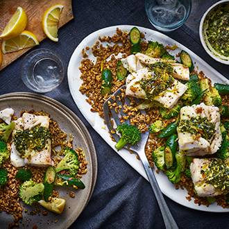 Cod with grains, greens and pesto