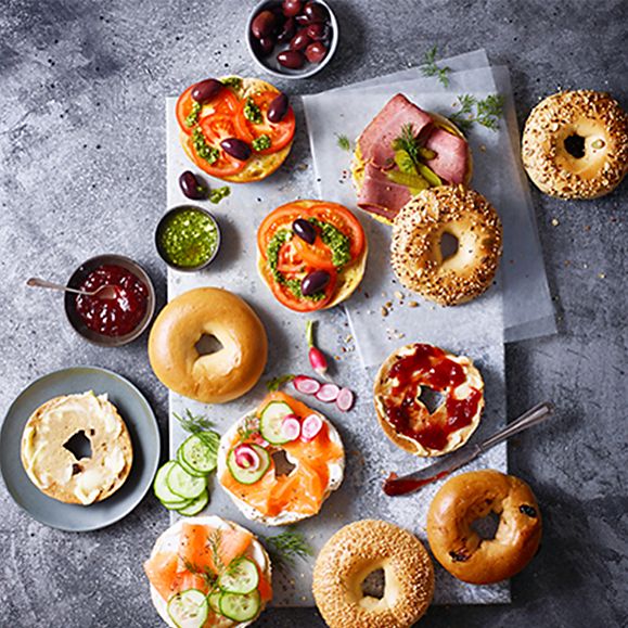 A selection of bagels with fresh toppings