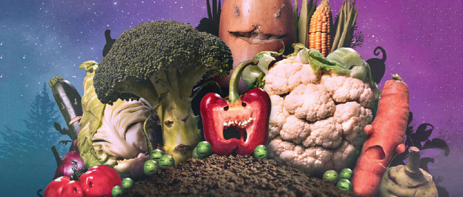 Assorted vegetables with angry faces