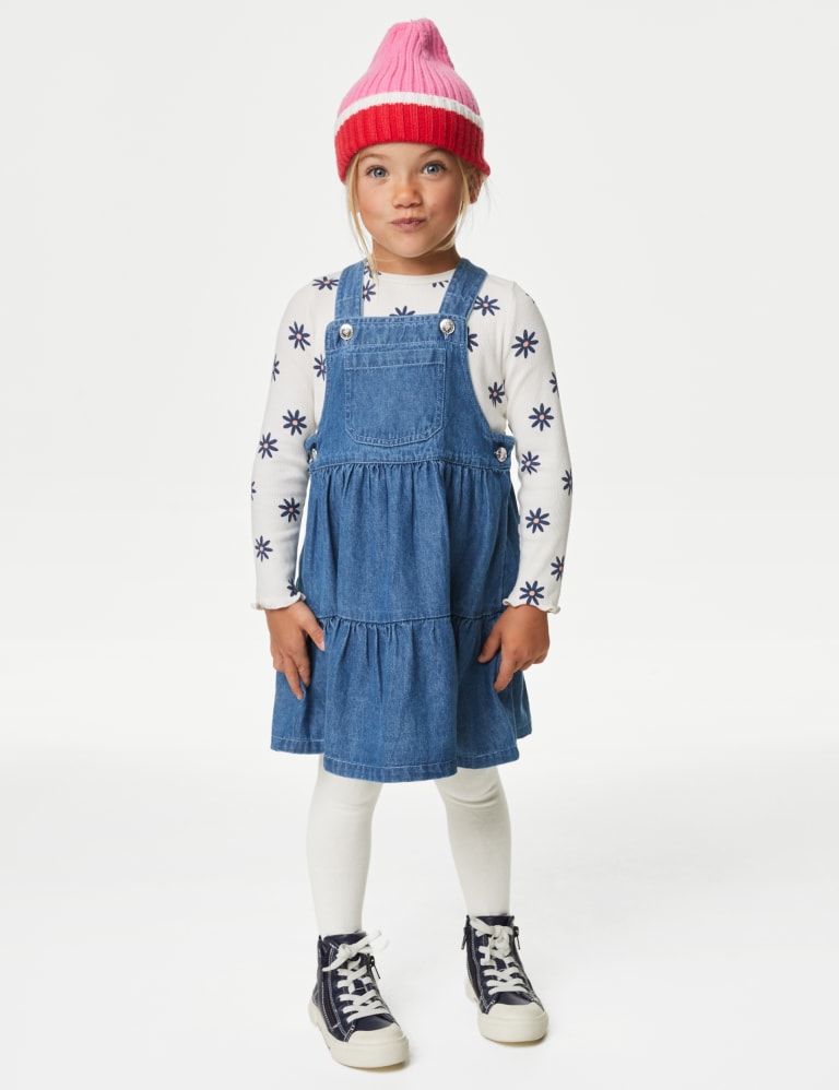 Denim pinafore hotsell dress winter outfit