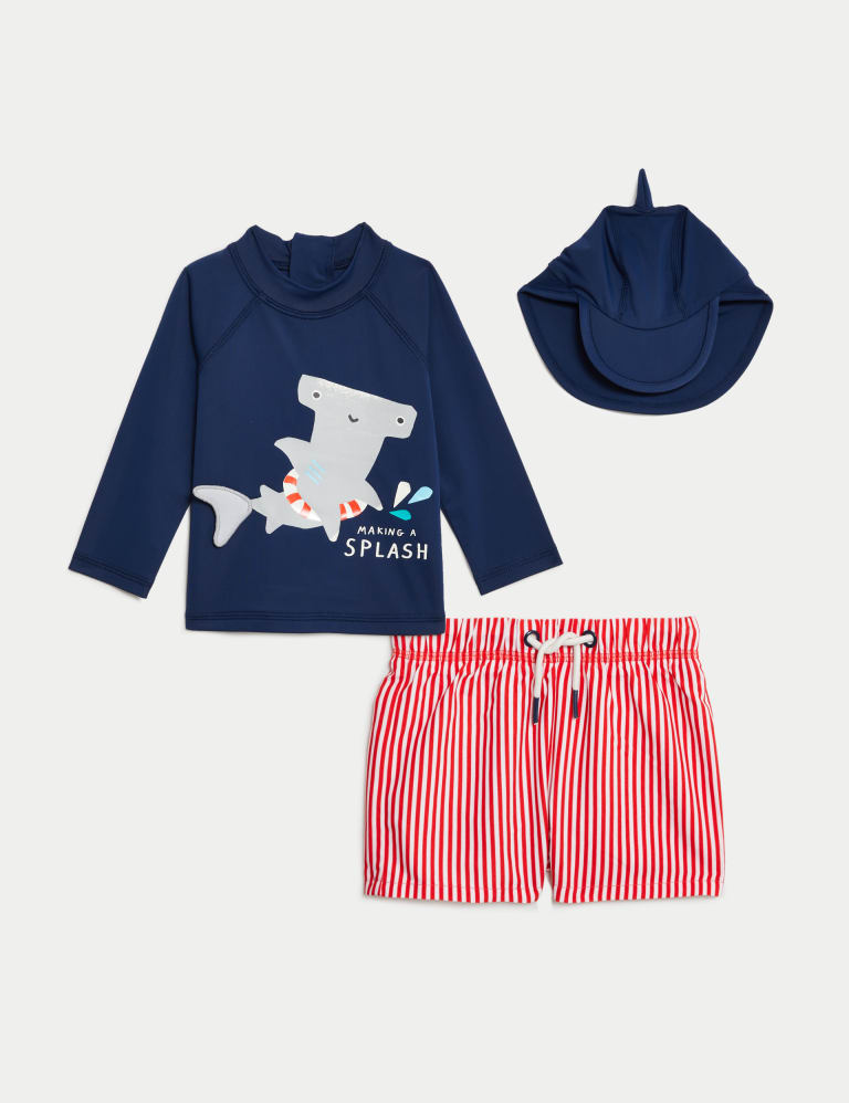 3pc Shark Print Long Sleeve Swim Set (0-3 Yrs) 1 of 4