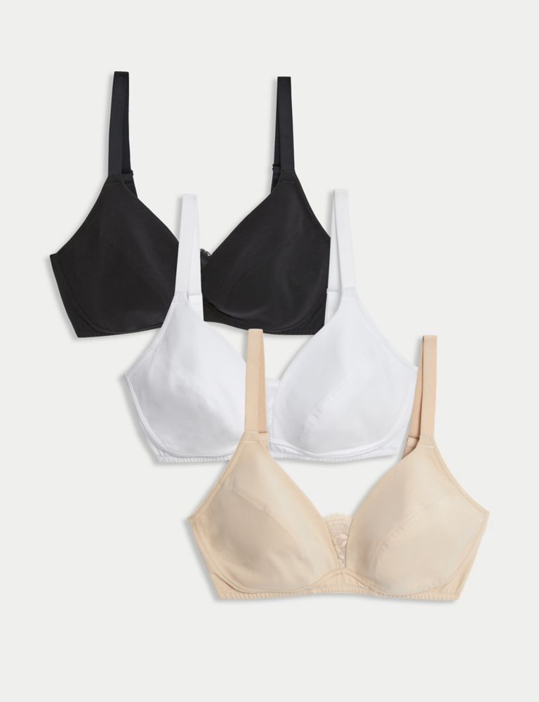 3pk Cotton & Lace Non Wired Full Cup Bras A-E, M&S Collection