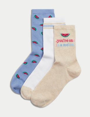 3pk Cotton Blend Watermelon Ankle High Socks Image 1 of 2