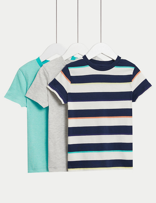 3pk Cotton Rich Striped & Plain T-Shirts (2–8 Yrs) Image 1 of 1