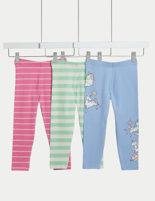 3pk Cotton Rich Unicorn & Striped Leggings (2-8 Yrs), M&S Collection