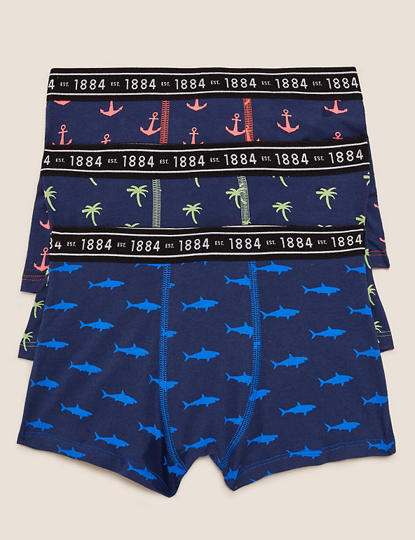 3pk Cotton with Stretch Print Trunks (6-16 Yrs) Image 1 of 1