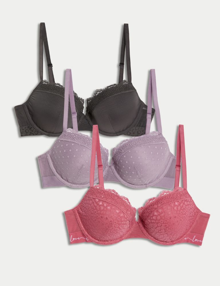3pk Lace & Mesh Wired Balcony Bras A-E 1 of 7