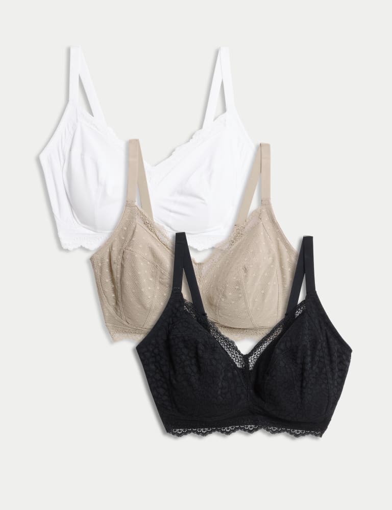 3pk Lace Trim Non Wired Bralettes F-H, M&S Collection