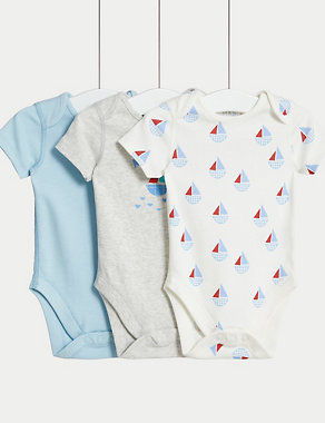 3pk Pure Cotton Boat Bodysuits (0-3 Yrs) Image 2 of 4