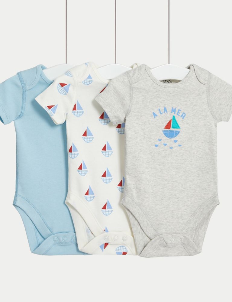 3pk Pure Cotton Boat Bodysuits (0-3 Yrs) 1 of 4