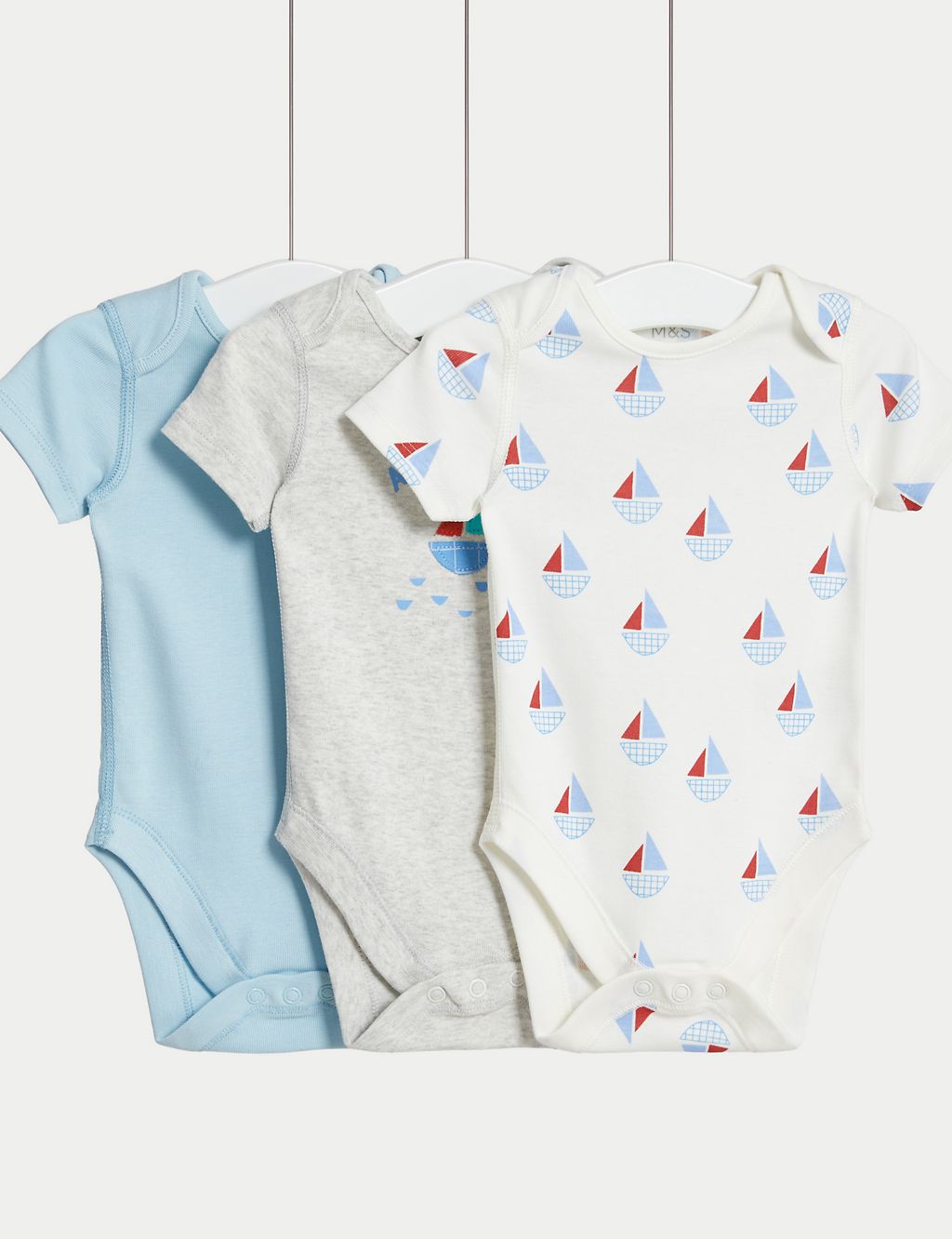 3pk Pure Cotton Boat Bodysuits (0-3 Yrs) 1 of 4