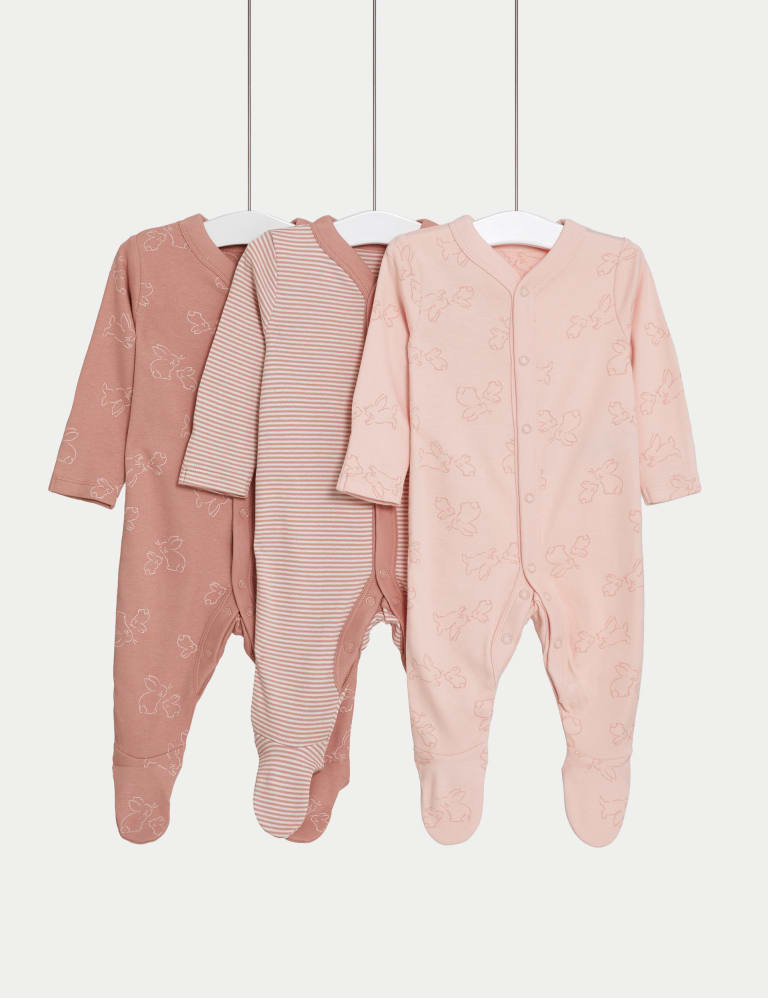 3pk Pure Cotton Bunny & Striped Sleepsuits (5lbs-3 Yrs) 1 of 4