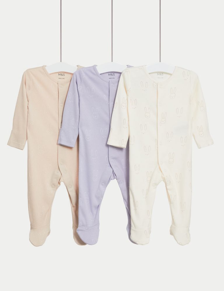 3pk Pure Cotton Bunny Sleepsuits (6½lbs-3 Yrs) 1 of 1
