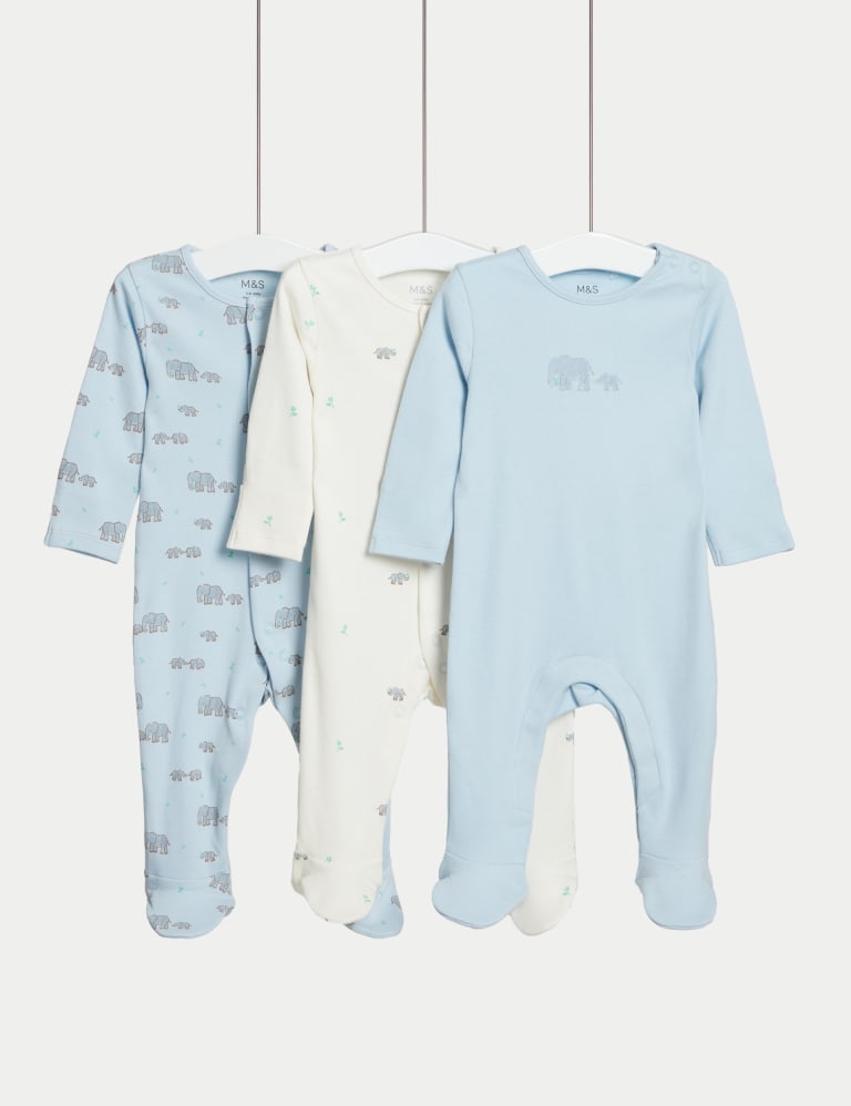 3pk Pure Cotton Elephant Print Sleepsuits 0 3 Yrs