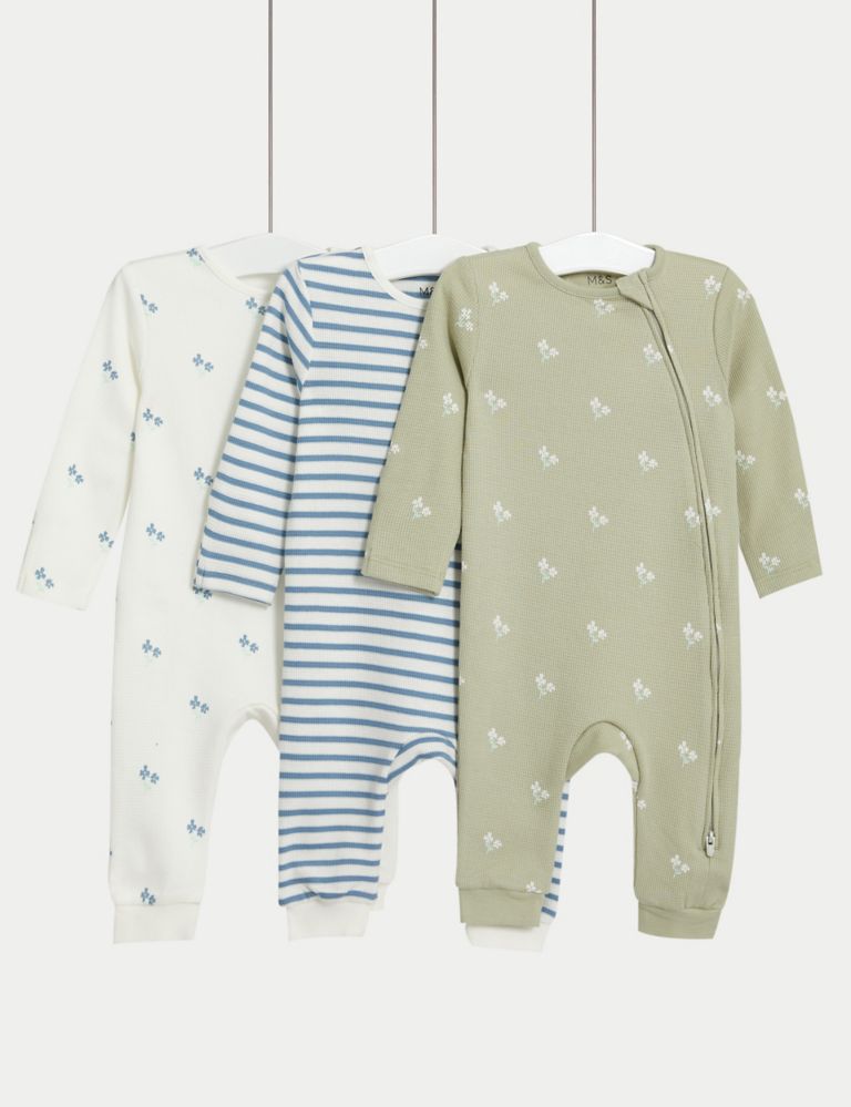 3pk Pure Cotton Floral & Striped Sleepsuits (0-3 Yrs) 1 of 5