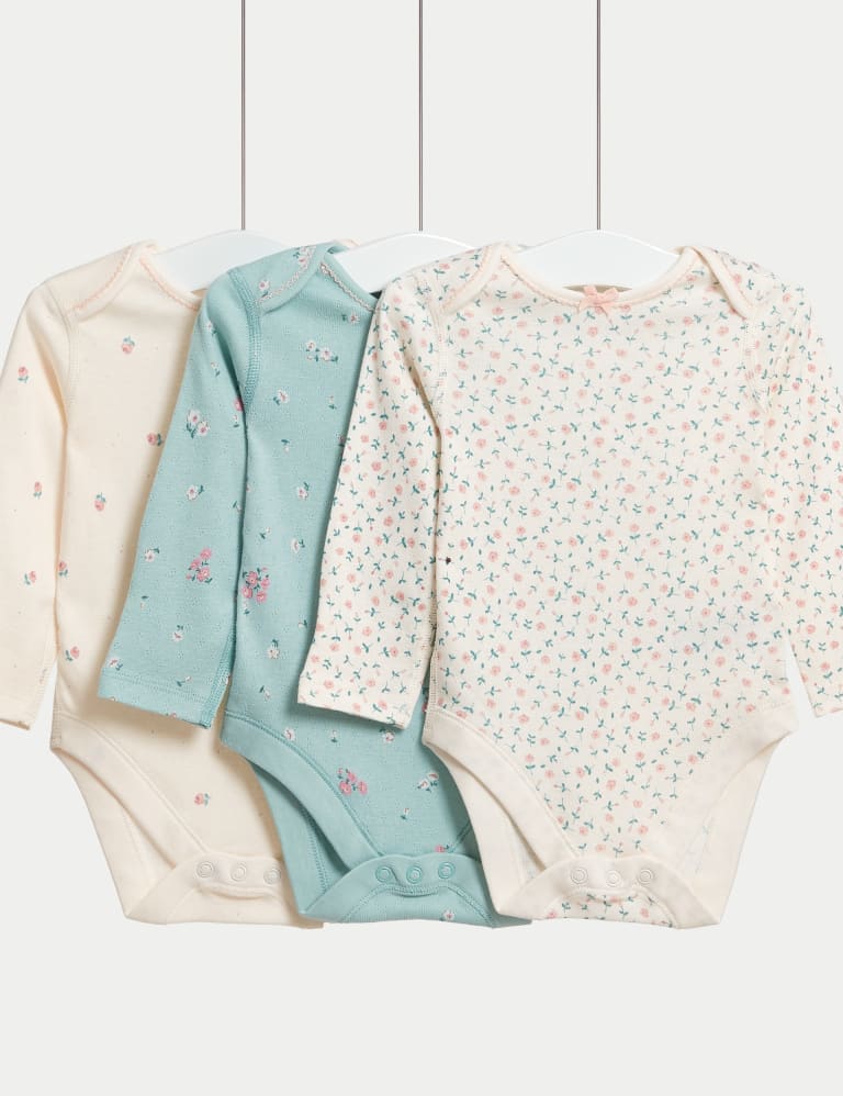 3pk Pure Cotton Floral Bodysuits (6½lbs-3 Yrs) 1 of 5