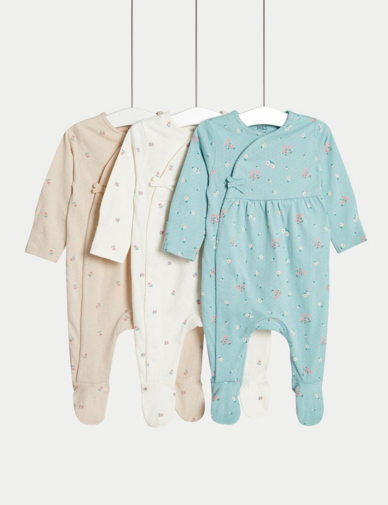 3pk Pure Cotton Floral Sleepsuits (0-3 Yrs) 1 of 4