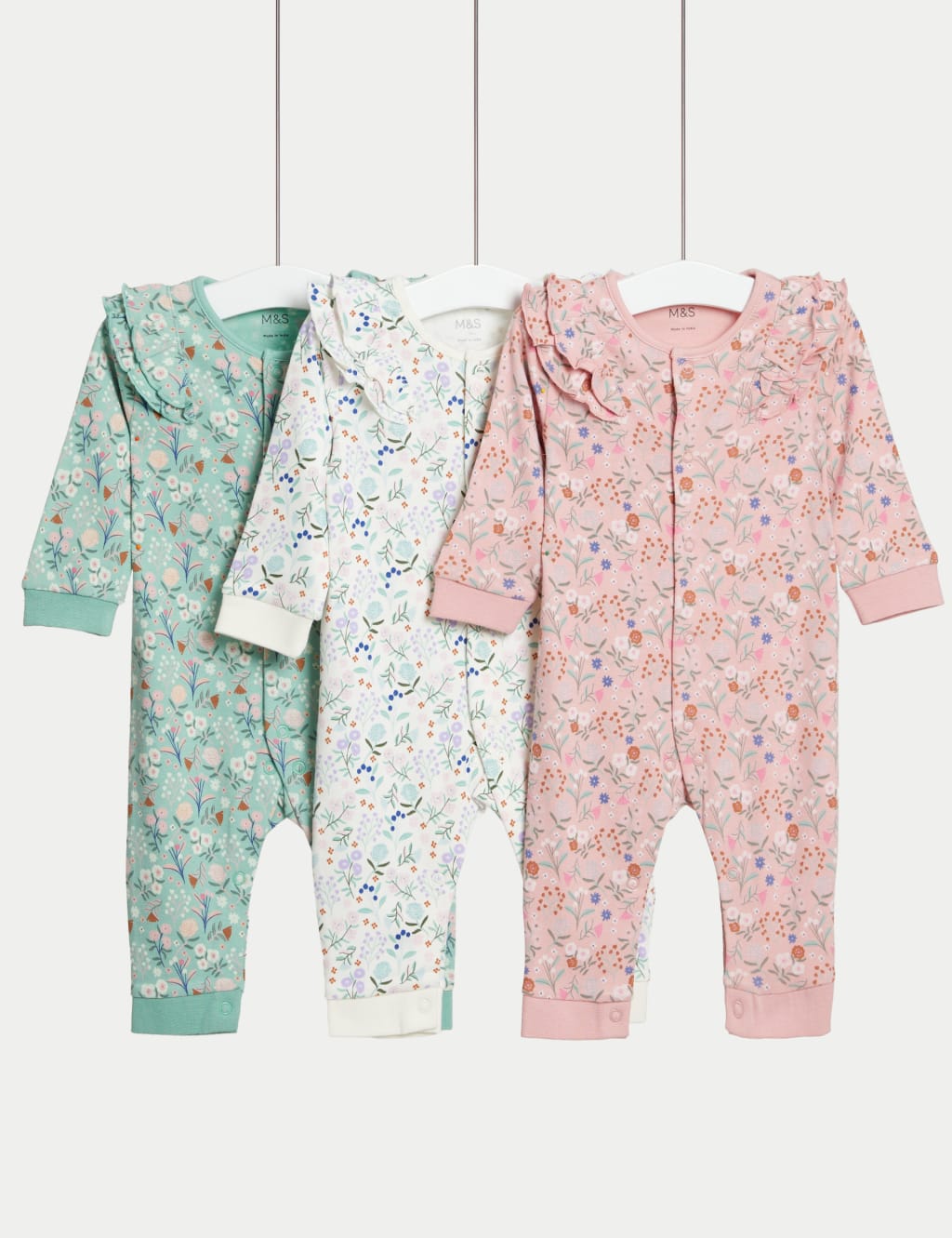 3pk Pure Cotton Floral Sleepsuits 6 lbs 3 Yrs