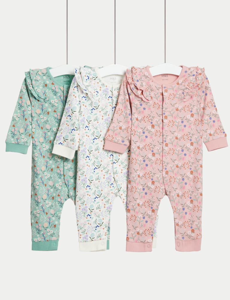 3pk Pure Cotton Floral Sleepsuits (6½lbs - 3 Yrs) 1 of 5