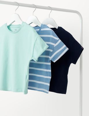 3pk Pure Cotton Plain & Striped T-Shirts (2-8 Yrs) Image 2 of 3