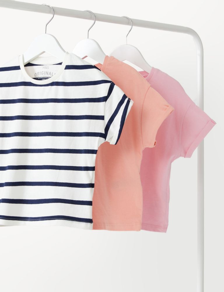 3pk Pure Cotton Plain & Striped T-Shirts (2-8 Yrs) 1 of 3