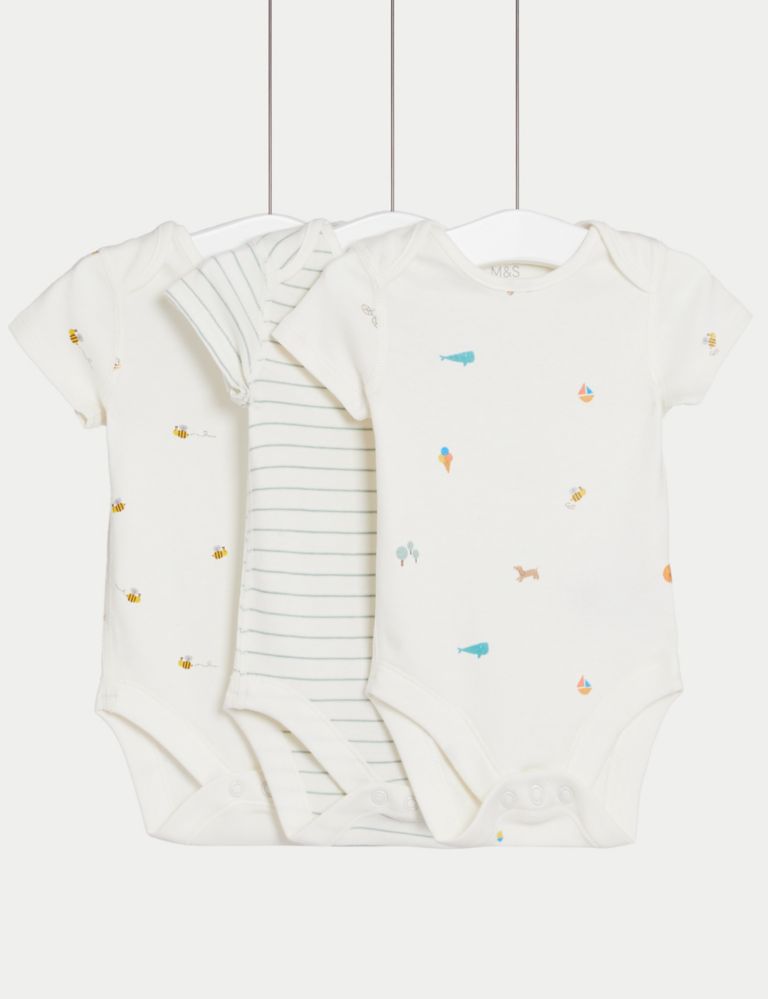 3pk Pure Cotton Printed Bodysuits (0 – 3 Yrs) 1 of 4