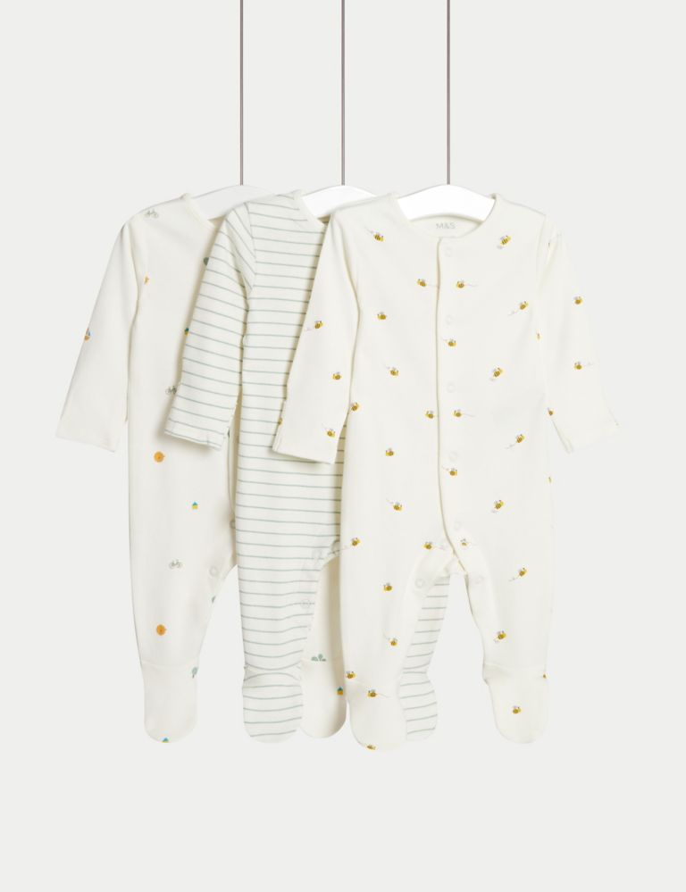 3pk Pure Cotton Printed Sleepsuits (0-36 Months) 1 of 4