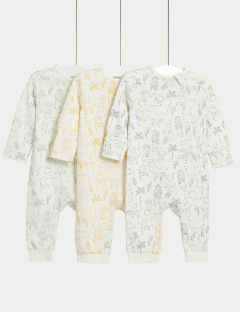 3pk Pure Cotton Safari Sleepsuits (6½lbs-3 Yrs) 1 of 4