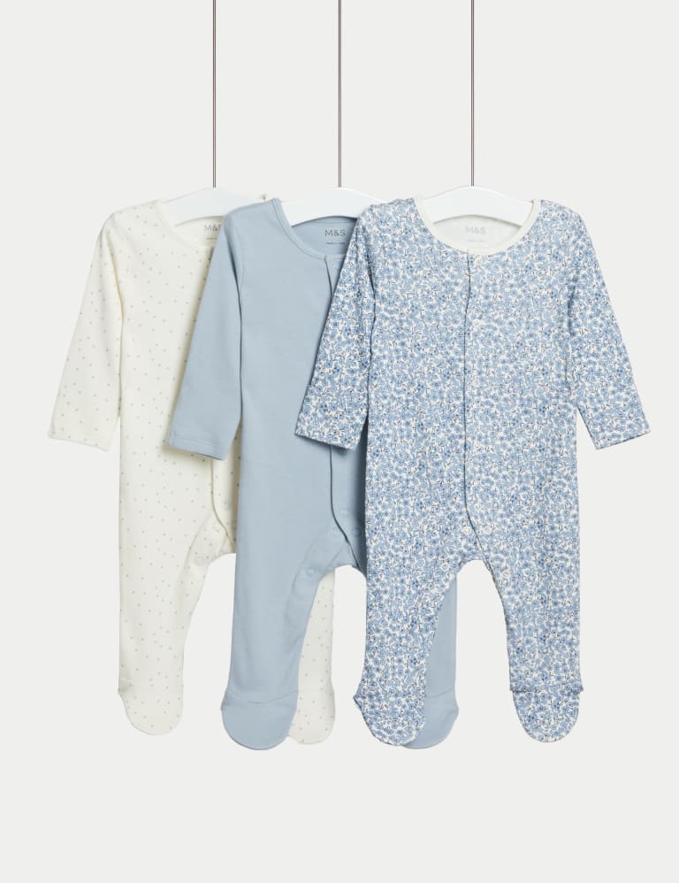 3pk Pure Cotton Sleepsuits (0-3 Yrs) 1 of 5