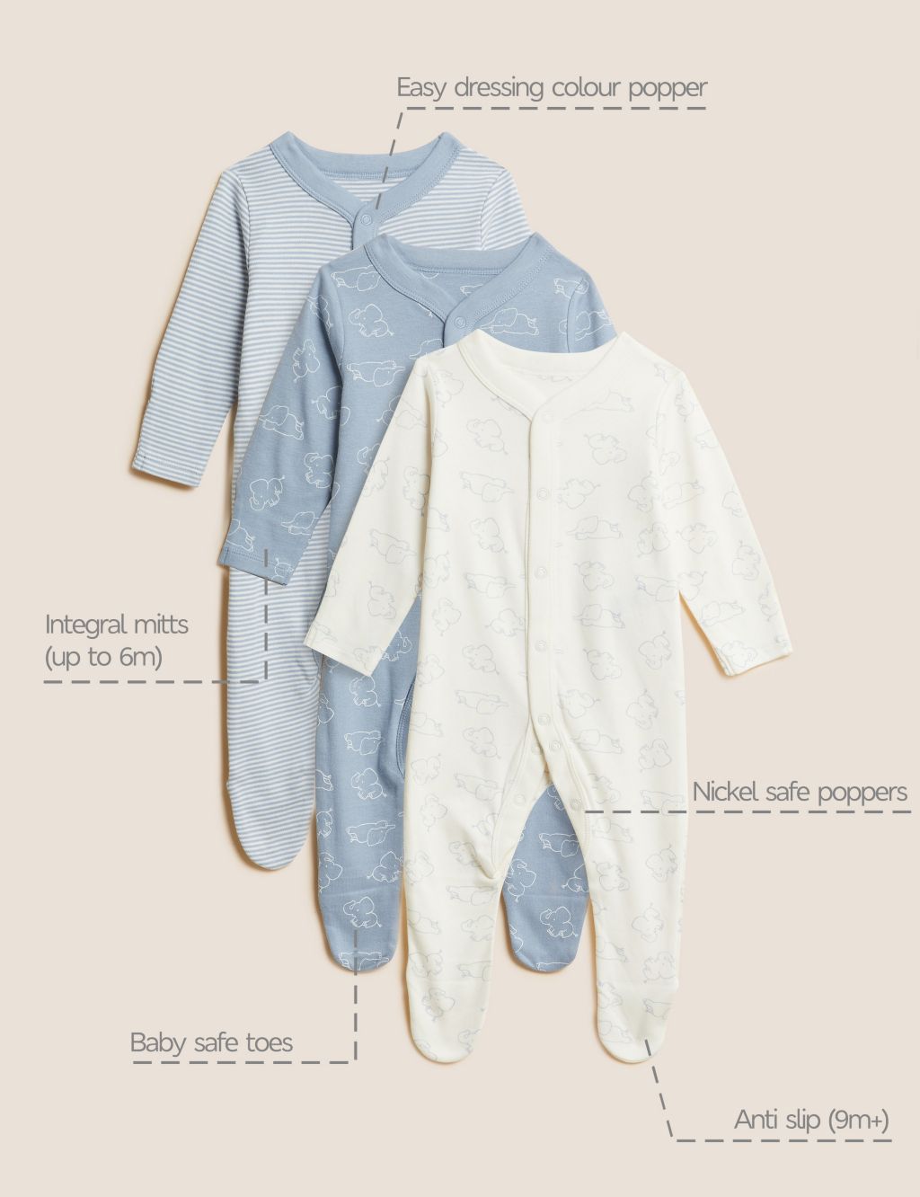 3pk Pure Cotton Sleepsuits (5lbs-3 Yrs) 6 of 8