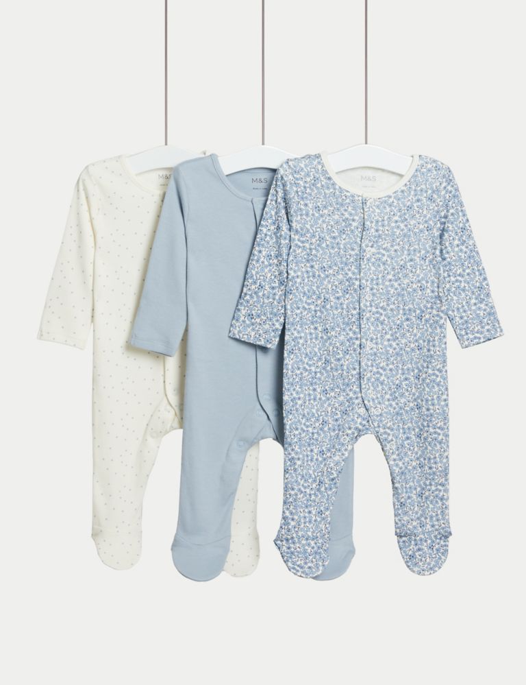3pk Pure Cotton Sleepsuits (6½lbs - 3 Yrs) 1 of 5