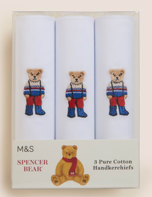 3pk Pure Cotton Spencer Bear Handkerchiefs M&S Collection M&S