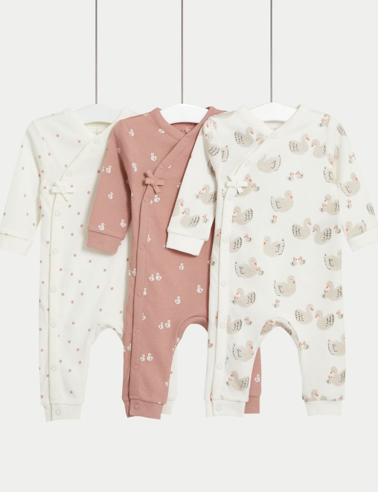 3pk Pure Cotton Swan & Spot Sleepsuits (6½lbs-3 Yrs) 1 of 5