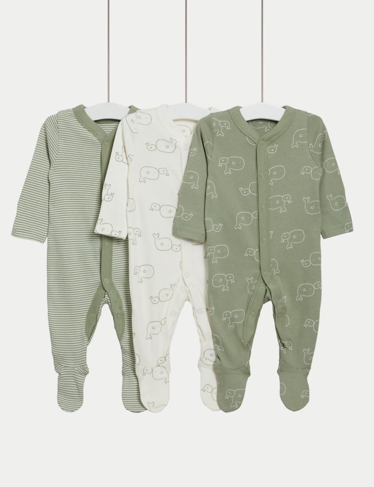 3pk Pure Cotton Whale & Striped Sleepsuits (5lbs-3 Yrs) 1 of 5