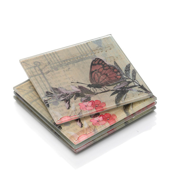 4 Butterfly & Floral Glass Coasters Image 1 of 1