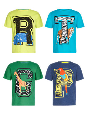 4 Pack Pure Cotton Animal & Alphabet Design T-Shirts Image 2 of 5