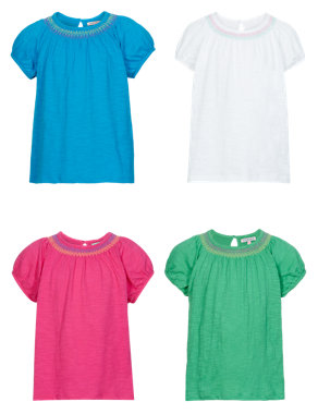 4 Pack Pure Cotton Embroidered Neckline T-Shirts Image 2 of 5